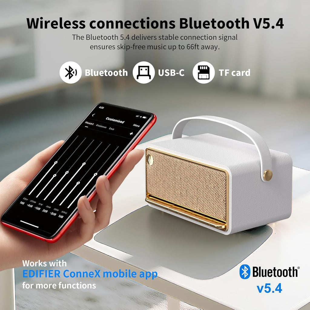 Edifier Retro Wood Bluetooth Speaker, Wireless Portable Speakers with 40W Hi-Res Audio, Stereo Pairing ConneX App, USB and TF Card Ivory