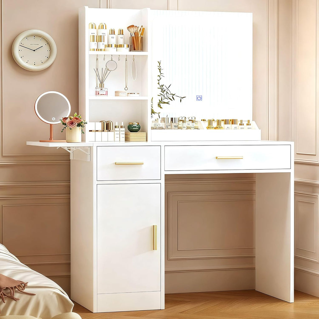 ERLEJIA Vanity Desk with Mirror and Lights, 39.37" Makeup Desk with Power Outlet, 4 Drawers and Open Shelves Makeup Vanity with Extral Foldable Desk for Bedroom, White
