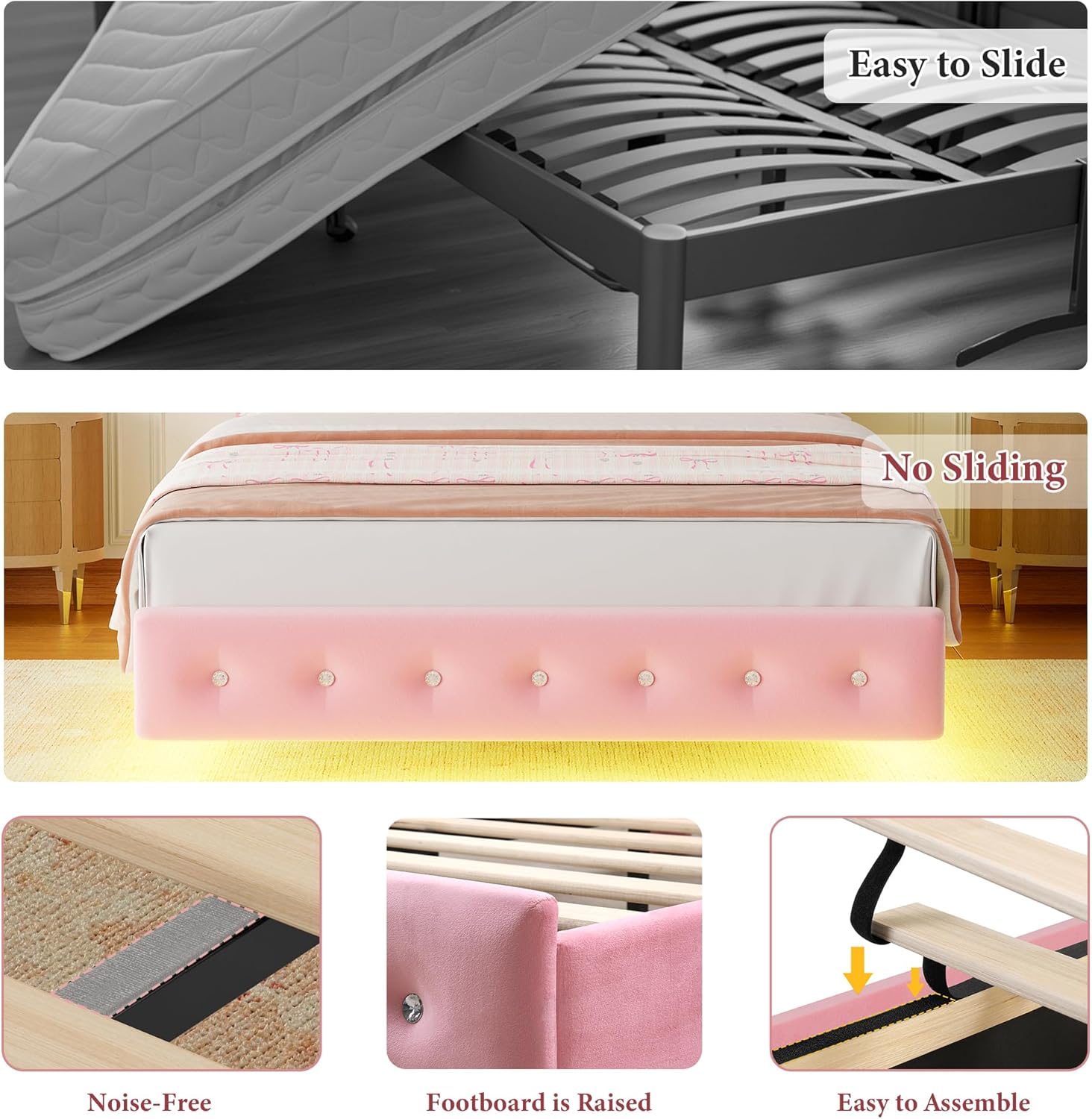 Keyluv Full Bed Frame Butterfly-Pattern Upholstered Headboard, Modern Floating Bed with LED Lights Button Tufted on Headboard and Footboard, Slats Support No Box Spring Needed, Noise-Free, Pink