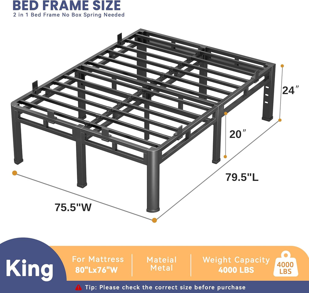 Bed Frame King Size 24 Inch Tall, Double Layer Heavy Duty Metal Bed Frames 4000 lbs Capacity, Platform Bedframes with Headboard Holes, Round Corner Legs, Mattress Slide Stopper, Easy Assembly
