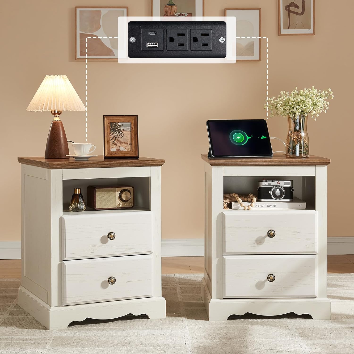 AMERLIFE Farmhouse 4 Pieces Bedroom Sets Includes 7 Drawers Dresser, 6 Dressers Organizer, Two Nightstands with Charging Station, White