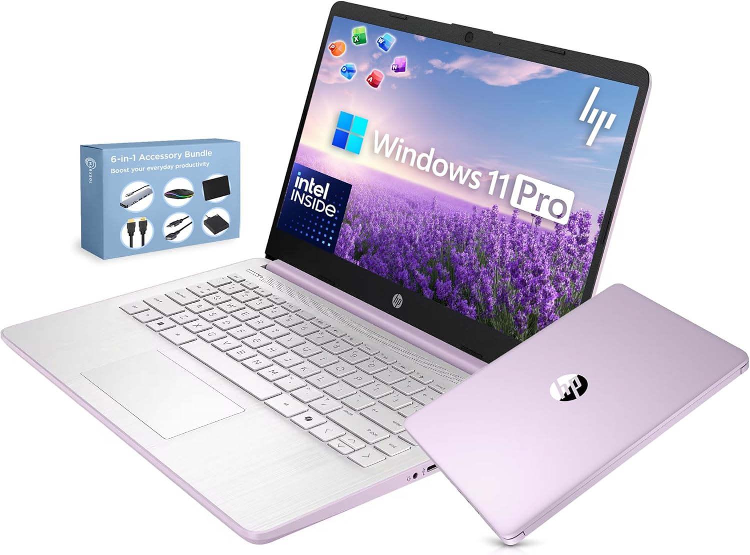 HP 14” Ultra Light Thin Laptop Computer 2026 Premium, MS Office, Copilot AI, 4-Core Intel CPU, 4GB DDR5 RAM, 628GB Storage (128GB UFS+500GB Ext), Long Battery, MarxsolAccessory, Win 11 Pro, Lavender