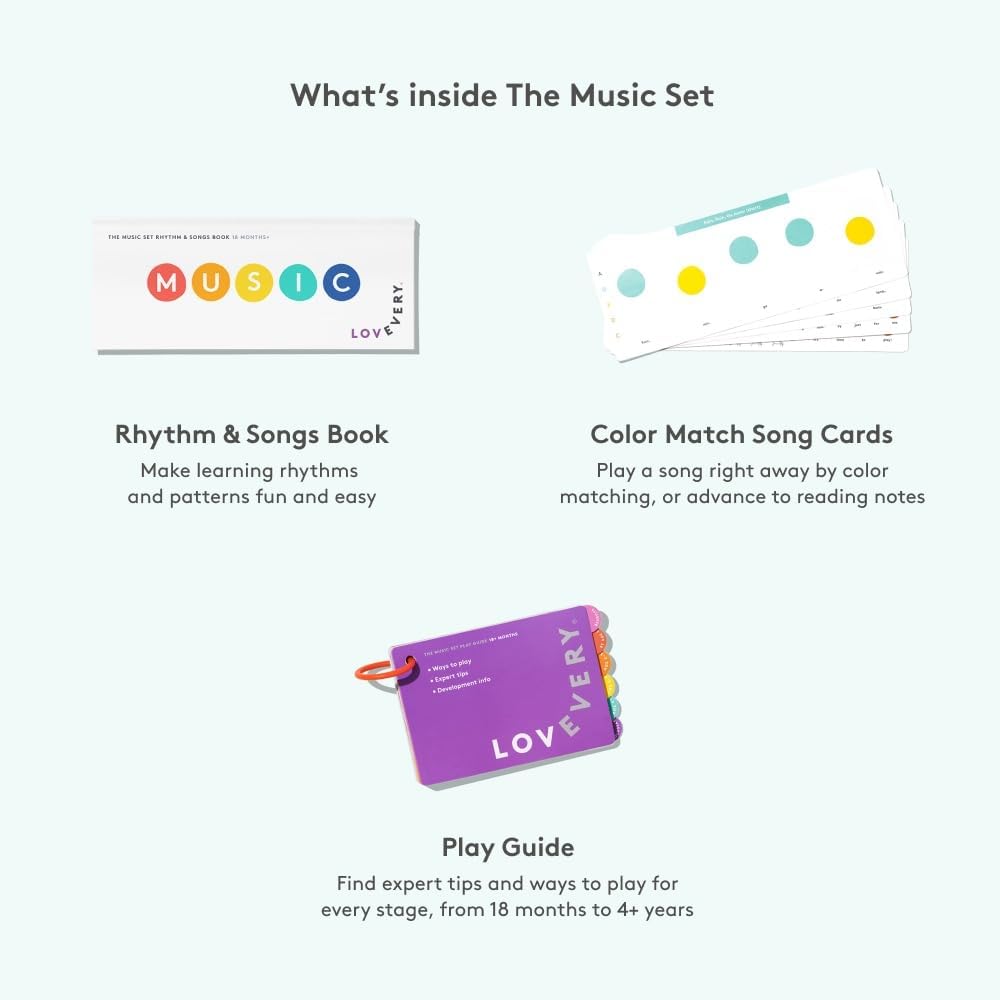 LOVEVERY | The Music Set | 6 Montessori Musical Instruments & Rhythm Book | Educational Toys for Toddlers & Preschoolers | Simple Songs and Play Guide | Ages 18 Months to 4+ Years