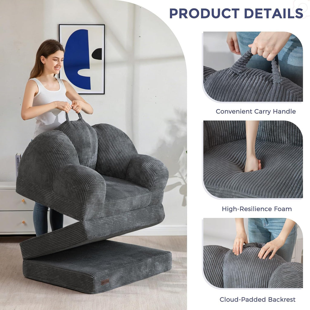 MAXYOYO Folding Sofa Bed, Floral-Shaped Convertible Floor Sofa Couch with Backrest, 2 in 1 Comfy Lounger Bean Bag Chair with Handle, Floor Single Sleeper Couch for Living Room Bedroom, Dark Grey
