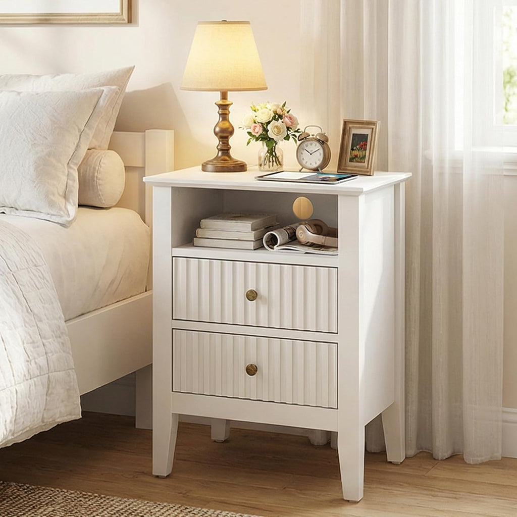 RoyalCraft Fluted Nightstand Set of 2 with Charging Station, White End Table with 2 Silent Slide Drawers & Storage Shelf, Modern Side Table, Wood Night Stand Cabinet for Bedroom
