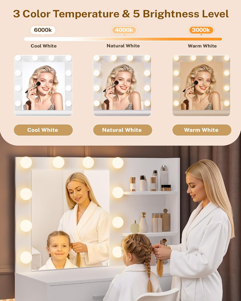 LIVELYGLOW White Makeup Vanity with 10 Hollywood Light Bulbs, 35.4" Wide Dressing Table with Large Mirror & Dimming Function, Small Space Vanity Desk with 2 Drawers, Storage Cabinet & Shelves