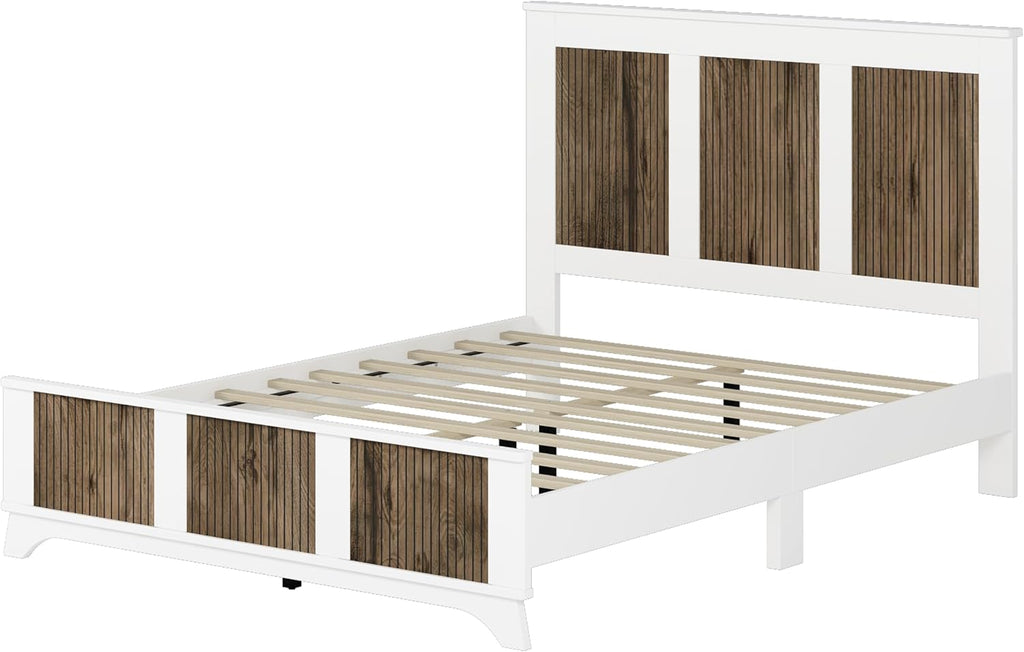 Merax 4 Pieces Bedroom Sets, Queen Size Farmhouse Platform Bed with Wooden Strip Decoration, Storage Nightstand and Dresser with Metal Handle, White