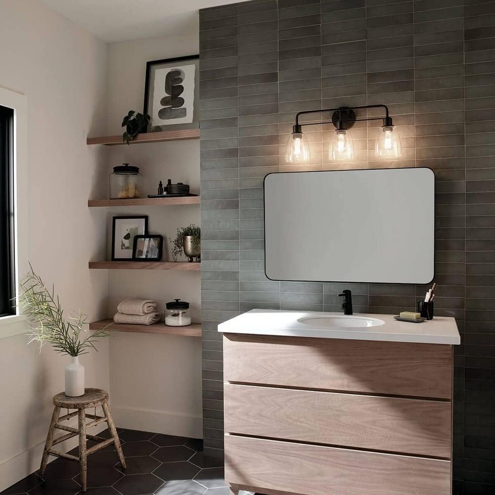Kichler Meller 24 in 3-Light Bathroom Vanity Light Fixture with Clear Glass in Black for Modern Bathroom Lighting over Mirror, Wall Mount Sconce (7 in x 11.25 in x 24 in), 55102BK