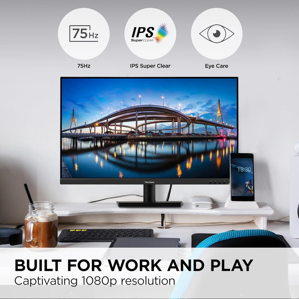 ViewSonic 32 Inch FHD 1080p IPS Computer Monitor, 75Hz Frameless Desktop Monitor with Built-in Speakers, Flicker-Free, Front Controls, HDMI and VGA for Home Office Productivity