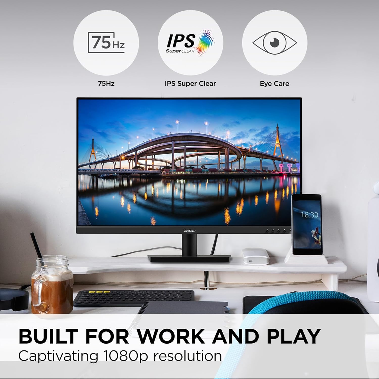 ViewSonic 32 Inch FHD 1080p IPS Computer Monitor, 75Hz Frameless Desktop Monitor with Built-in Speakers, Flicker-Free, Front Controls, HDMI and VGA for Home Office Productivity