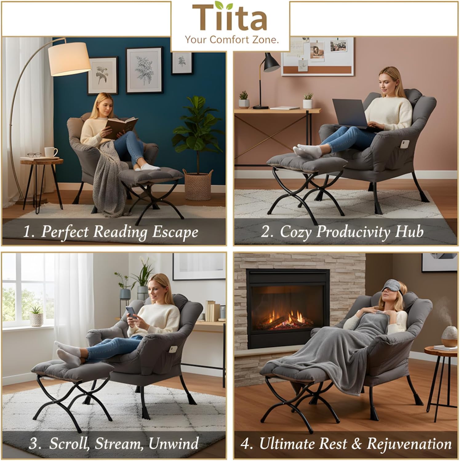 Tiita Modern Large Accent Chair with Ottoman, Comfy Leisure Sofa Armchair with Footrest, Reading Chair for Bedroom, Living Room, Dorm Rooms, Garden Dark Grey