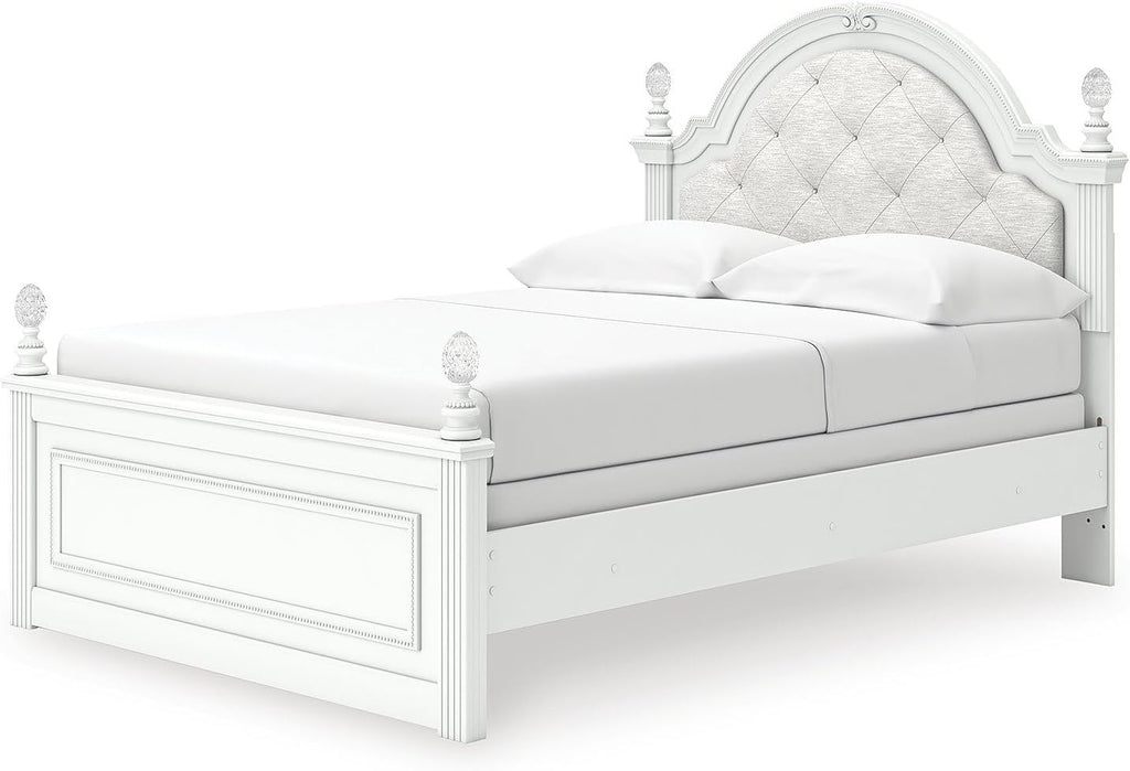 Signature Design by Ashley Maylilly Full Upholstered Panel Bedframe with LED Headboard Lights, Matte White Finish, Button‑Tufted Upholstery for Kids Bedroom