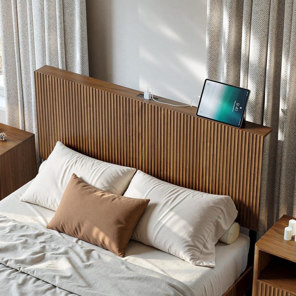 Evermagin Walnut Queen Floating Bed Frame with Headboard, Mid Century Modern Fluted Platform Bed with LED Lights, Heavy Duty Floating Bedframe with Charging Station, No Box Spring Needed
