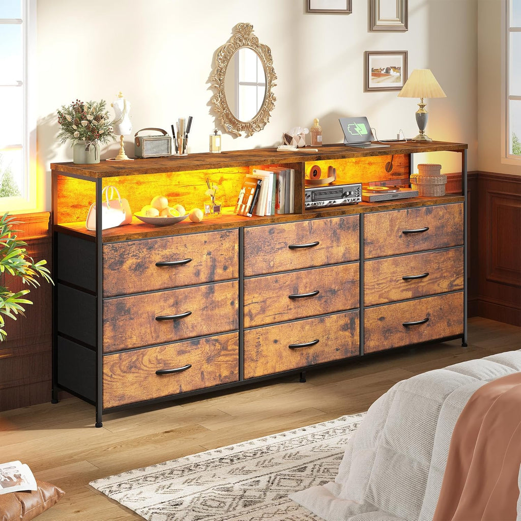 Romorgniz 55" W Dresser for Bedroom with 9 Drawers LED TV Stand with Power Outlets for 45, 55, 65 Inch TV Sturdy Long Chest of Drawers with Extra 2 Wooden Shelves Steel Frame Rustic Brown