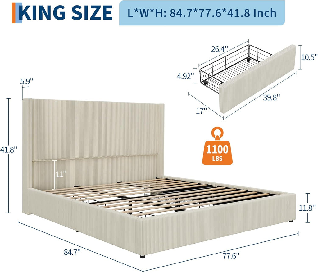 IDEALHOUSE King Size Bed Frame with Storage Drawers, Corduroy Upholstered Platform Bedframe with Wingback, Headboard and Footboard, No Box Spring Needed, Beige