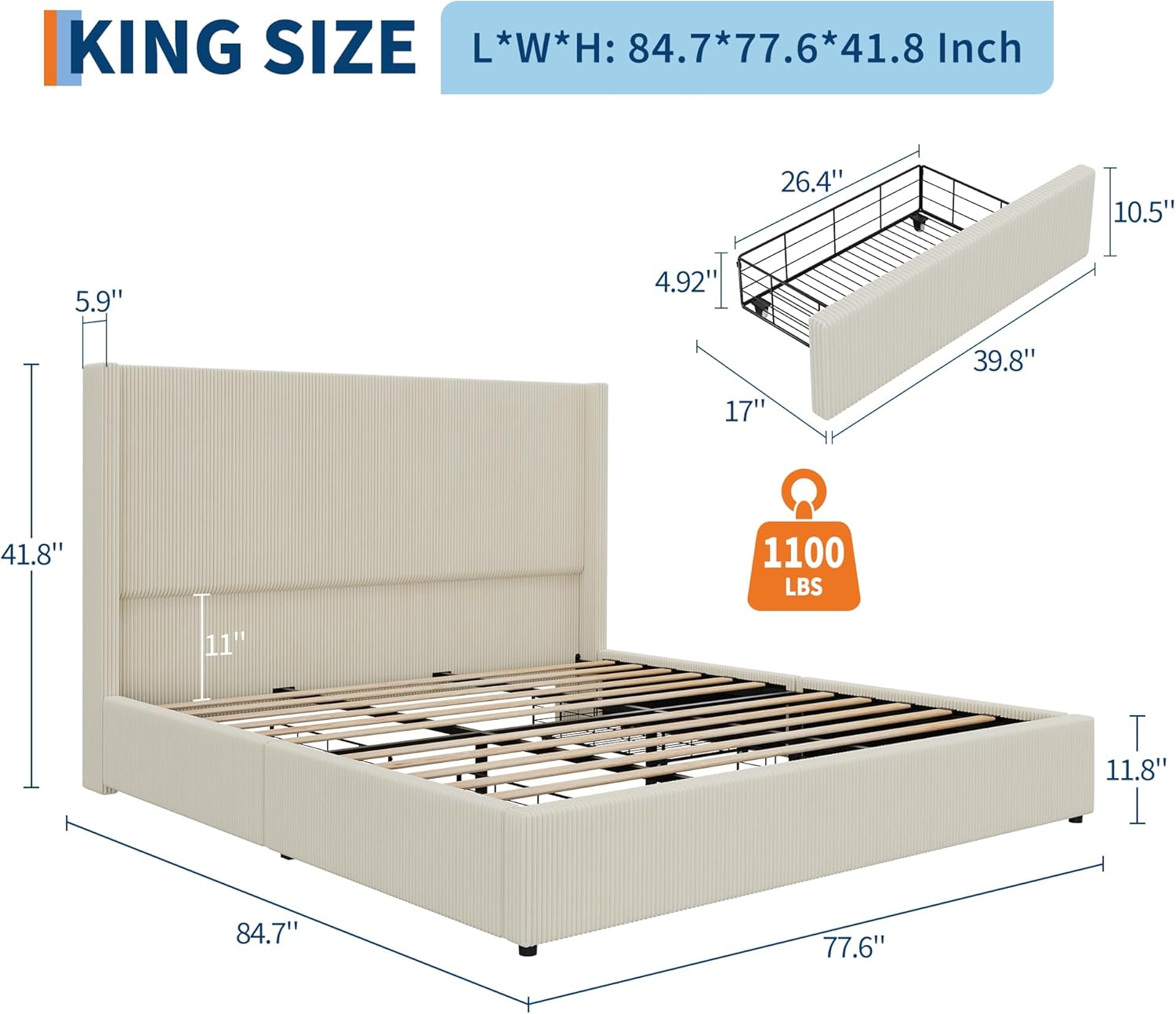 IDEALHOUSE King Size Bed Frame with Storage Drawers, Corduroy Upholstered Platform Bedframe with Wingback, Headboard and Footboard, No Box Spring Needed, Beige