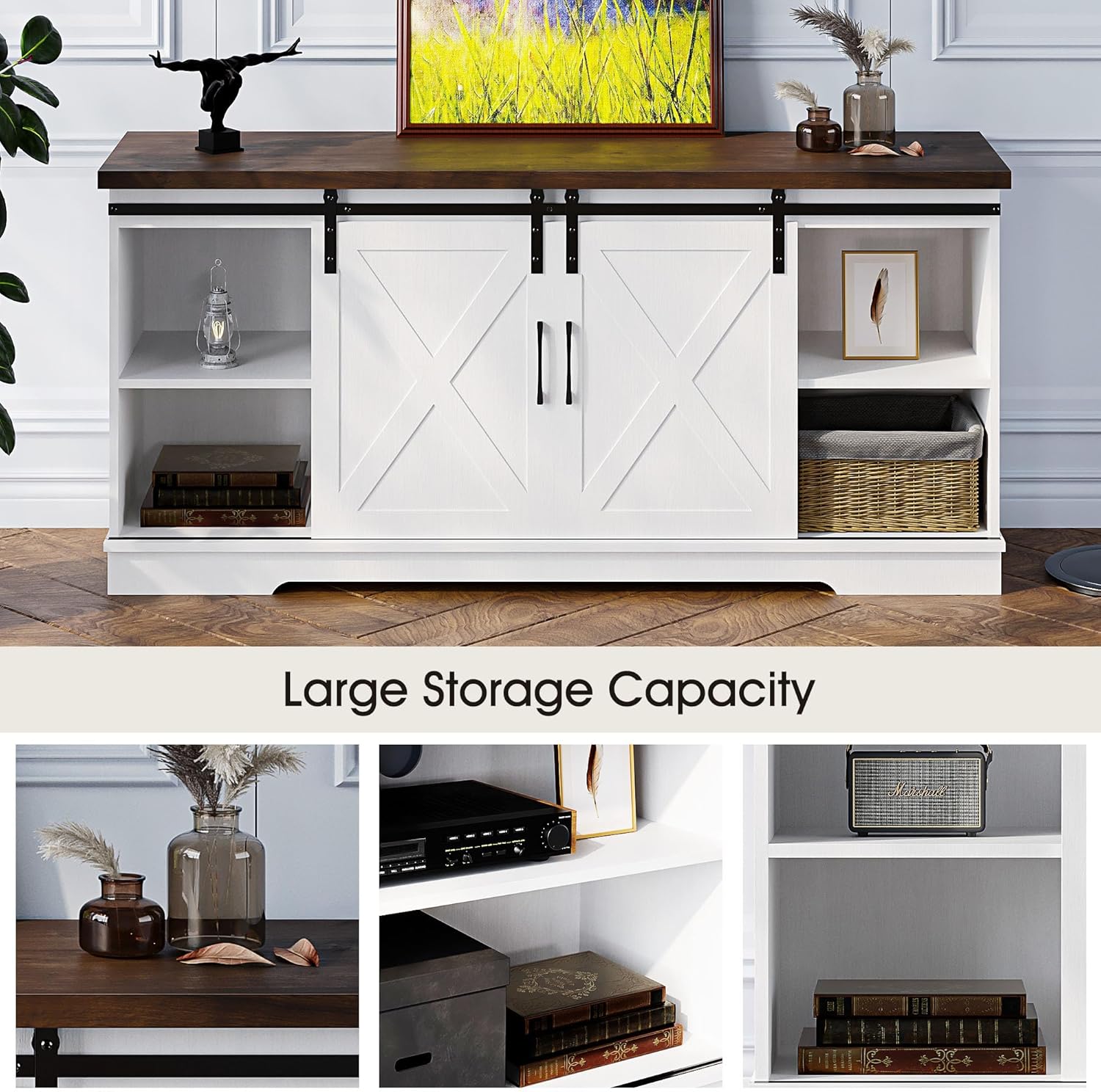 IDEALHOUSE Farmhouse Tv Stand for 65 inch TVs, Entertainment Center with Sliding Barn Doors and Adjustable Shelf, Modern Storage Media TV Console TV Stand Table for Living Room, Bedroom, White & Brwon