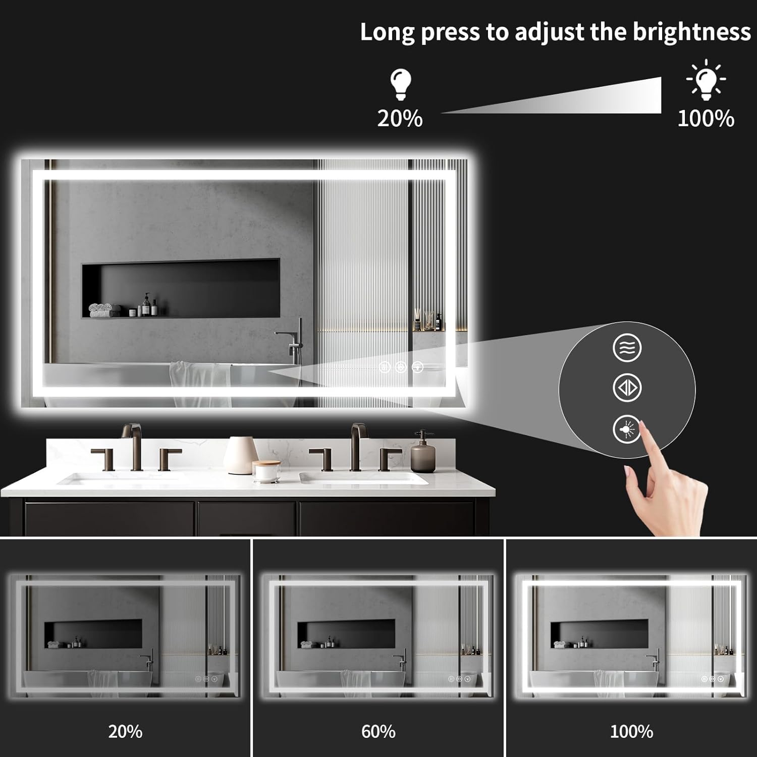 55"x30" LED Bathroom Mirror with Lights, Dimmable .Anti-Fog .Bathroom Vanity Mirror for Wall, Backlit + Front Lit, Memory Function, Shatter-Proof .Tempered Glass