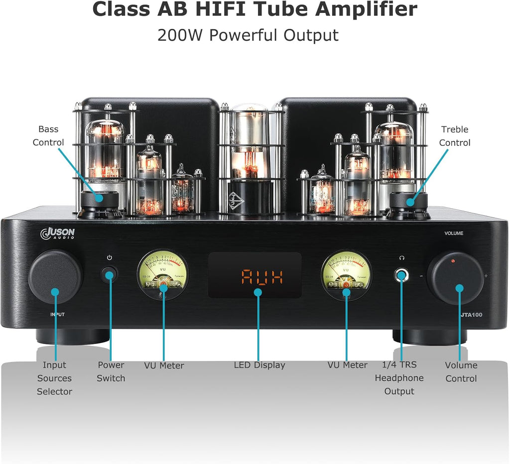Juson Audio JTA100 2025 Version 200W Vacuum Tube Amplifier Integrated Hybrid with BT 5.0 Optical AUX RCA Phono Input and Headphone Output 2.1CH Class AB HiFi Home Audio for Turntable