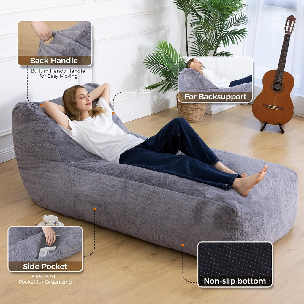 Giant Bean Bag Chair for Adults (59"x34"), Big Faux Fur Plush Bean Bag Lounger, Large Memory Foam Lounger Chair with Pockets for Living Room, Bedroom & Dorm (Grey)