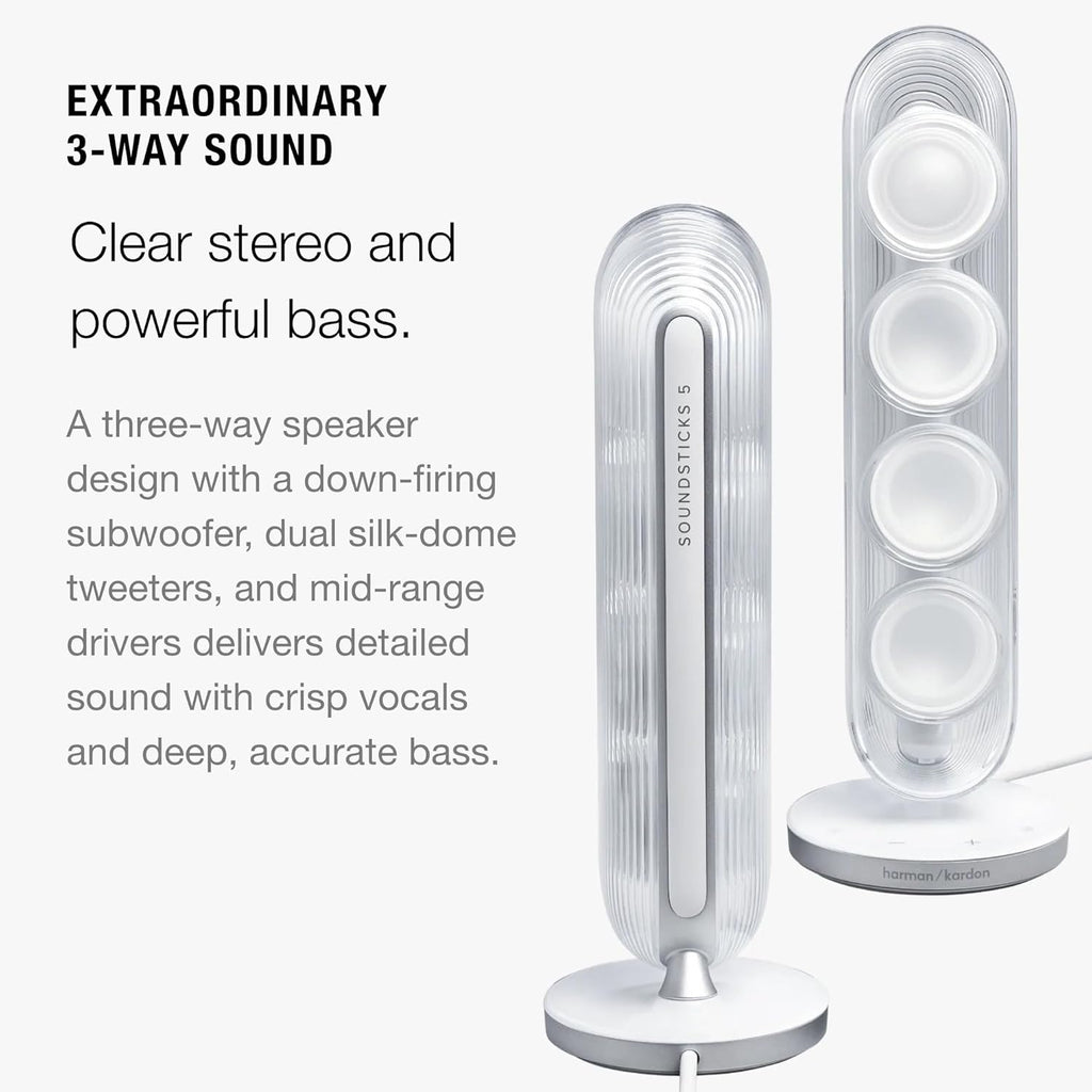 Harman Kardon SoundSticks 5 2.1-Channel Bluetooth Speaker with HDMI - White - 3-Way Speaker Design with Multicolor Light Show - Music Streaming & Auracast Multi-Speaker Connection