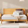 AMERLIFE Queen Solid Wood Bed Frame, Mid Century Modern Platform Bed with Full Panel Headboard, Wooden Bedframe with Cylindrical Legs, No Box Spring Needed & Noise-Free, Natural Wood