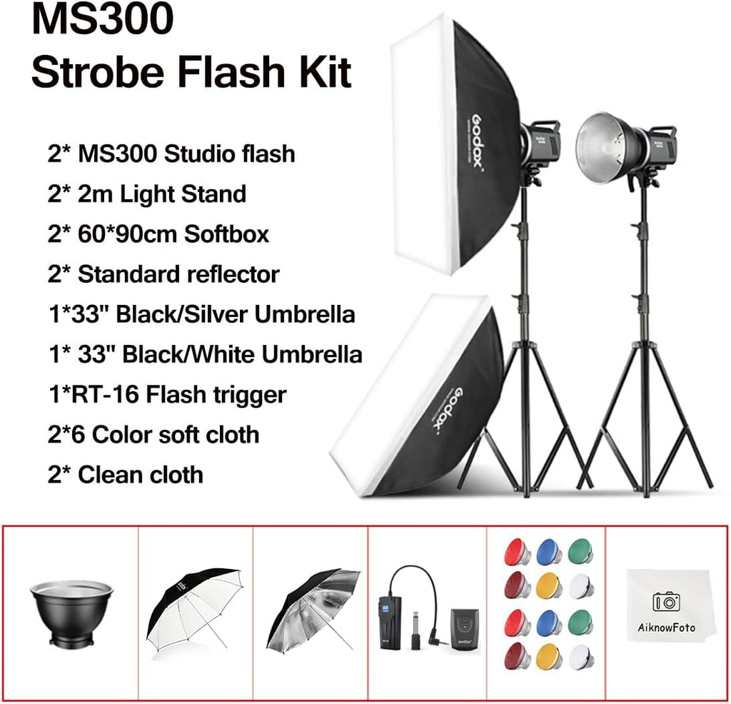 2pcs Godox MS300 600W Studio Strobe Flash Kit Bowens Mount Lighting,2.4G Wireless GN58 5600K Monolight with 150W Modeling Lamp,RT-16 Flash Trigger,Light Stands,Softbox,Umbrellas,Reflectors