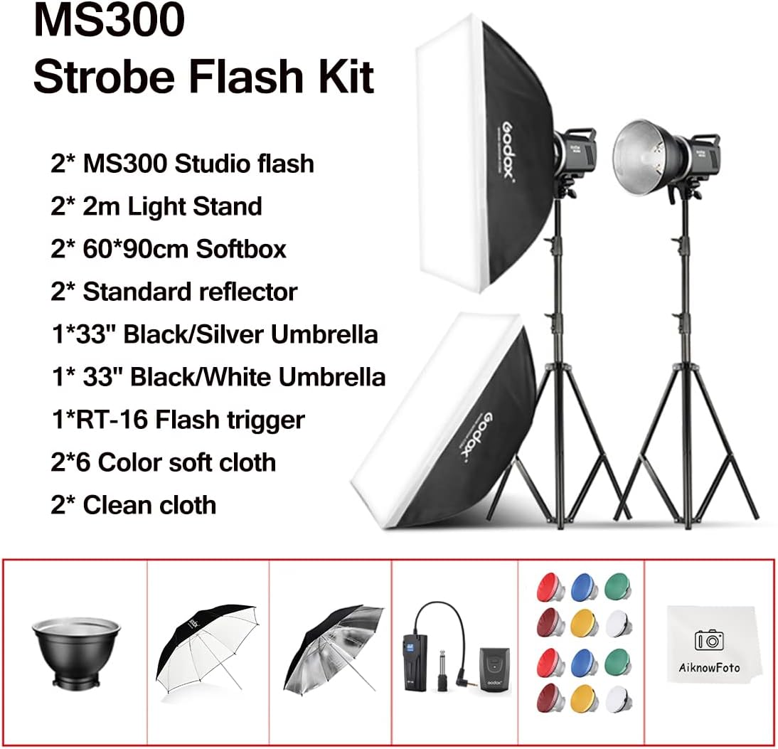 2pcs Godox MS300 600W Studio Strobe Flash Kit Bowens Mount Lighting,2.4G Wireless GN58 5600K Monolight with 150W Modeling Lamp,RT-16 Flash Trigger,Light Stands,Softbox,Umbrellas,Reflectors
