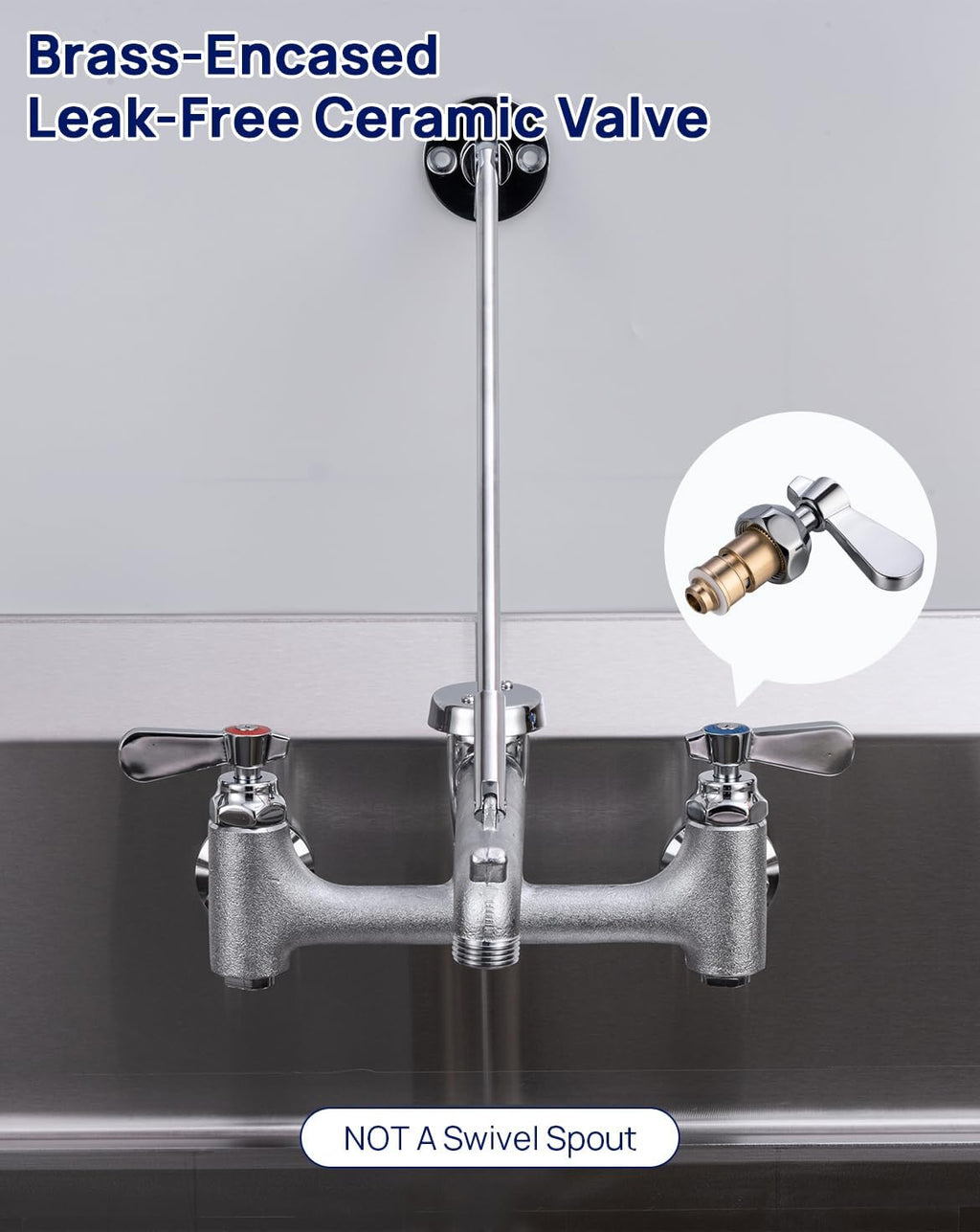 Commercial Mop Sink Faucet 8" Center Wall Mount, Heavy-Duty Service Sink Faucet with Vacuum Breaker 3/4" Hose Thread, for Industrial Outdoor Janitor Floor Mop Sink, Brass Casted Chrome Finish