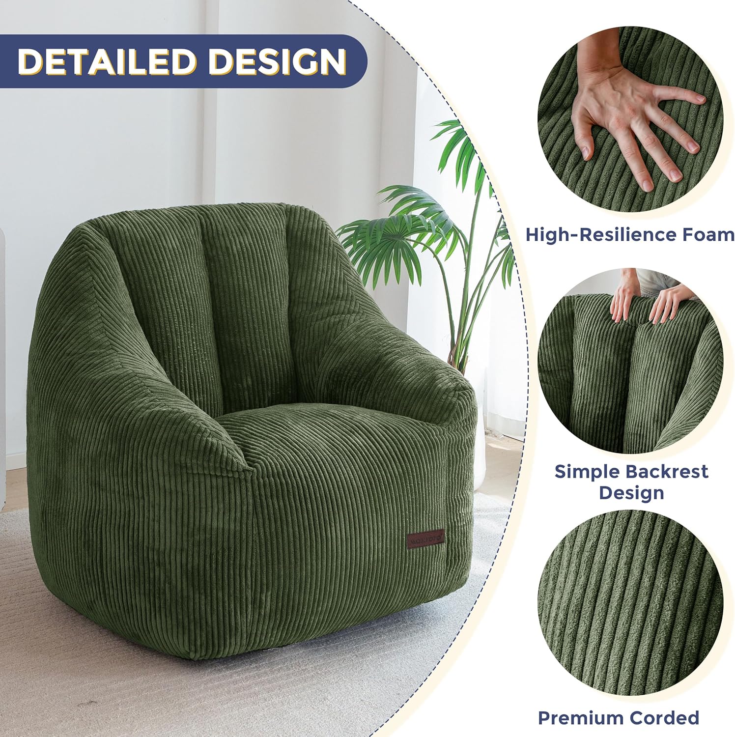 MAXYOYO Bean Bag Chair, Bean Bag Sofa with Filler, Cozy Living Room Chair for Adults and Kids, Stuffed Floor Sofa for Bedroom Dorm Reading, Dark Green