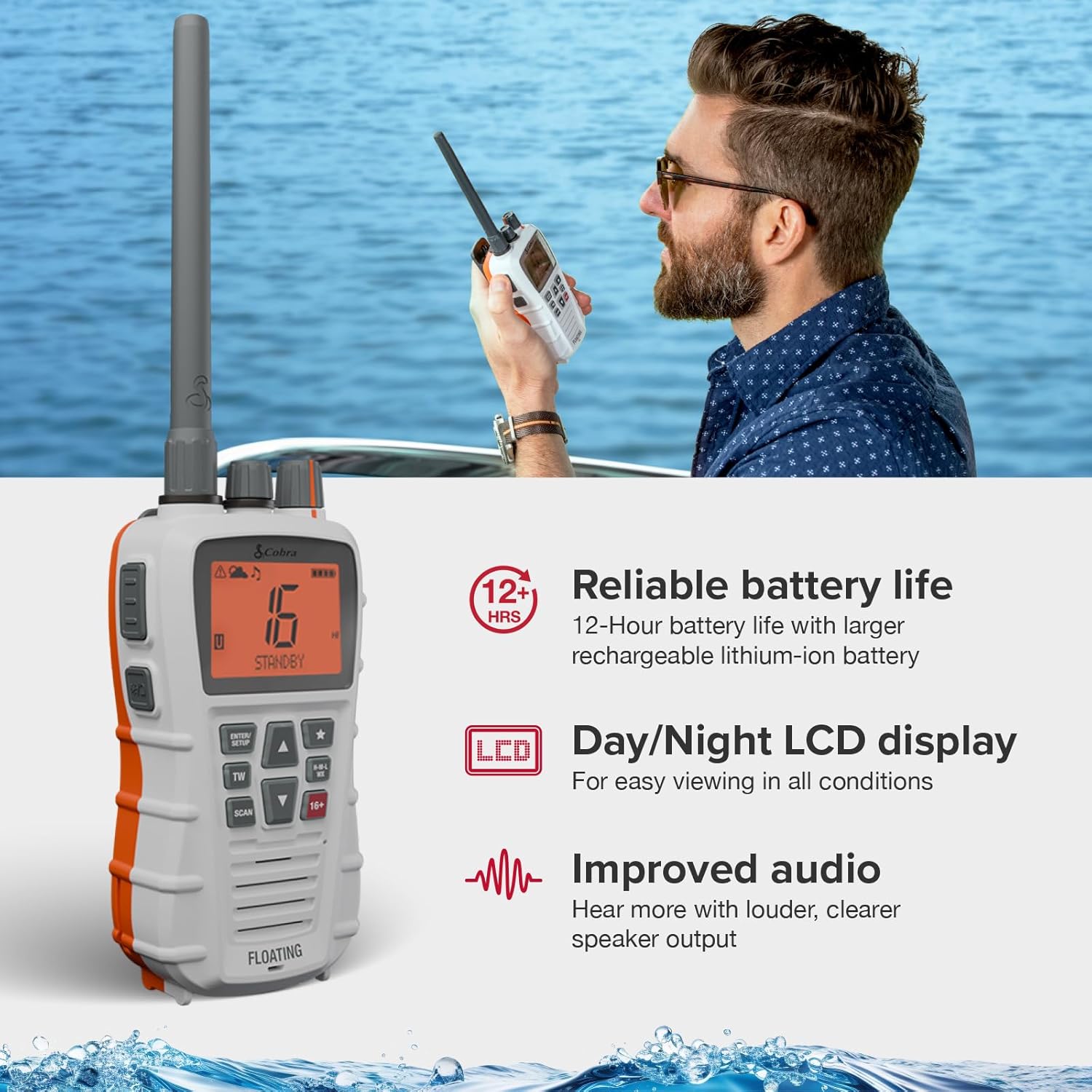 Cobra BlueBound 350 VHF Handheld Marine Radio - White – 6-Watt, Floating, Long Range, NOAA Weather Alerts, International Functionality, IPX7 Waterproof, USB-C, Submersible, LCD Screen, Belt Clip