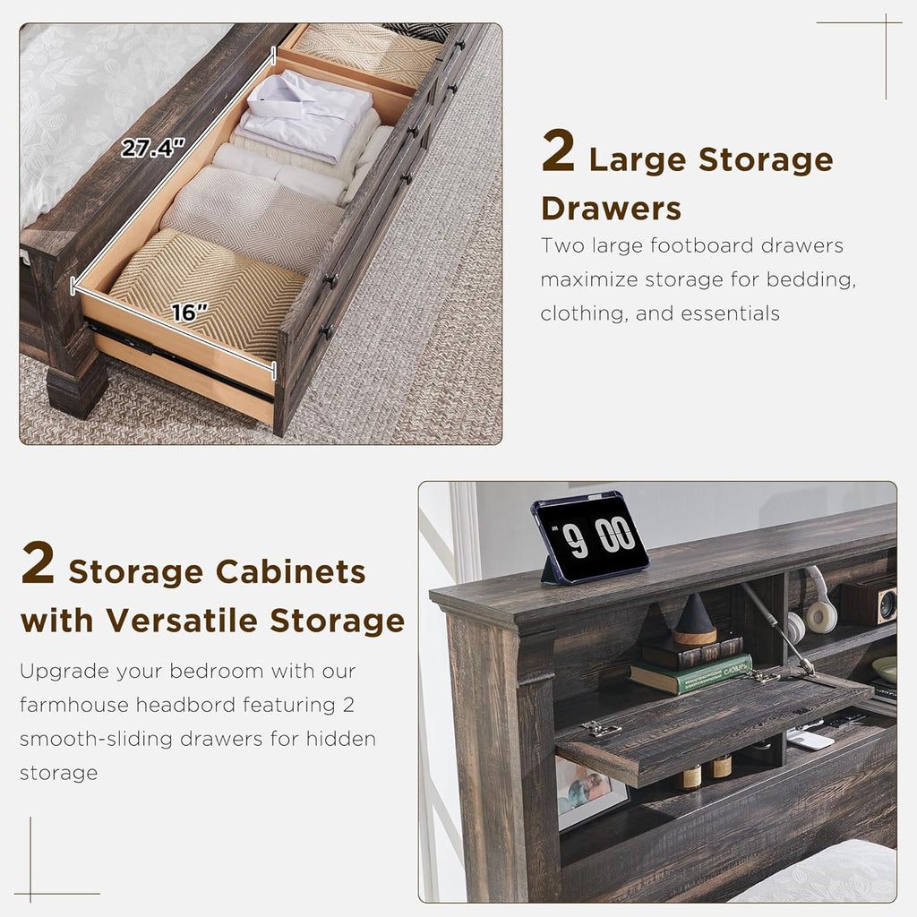 Farmhouse Queen Size Bed Frame with 54" Tall Headboard, Headboard with 4 Storage Rack, 2 Drawers, 18" Roman Column Decoration Footboard, Wood Platform Bed Frame, No Box Spring Needed(Dark Rustic Oak)