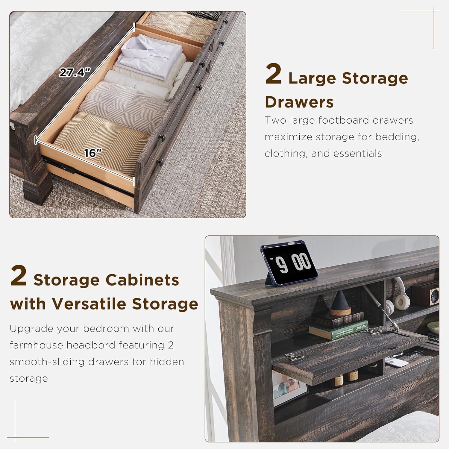 Farmhouse Queen Size Bed Frame with 54" Tall Headboard, Headboard with 4 Storage Rack, 2 Drawers, 18" Roman Column Decoration Footboard, Wood Platform Bed Frame, No Box Spring Needed(Dark Rustic Oak)