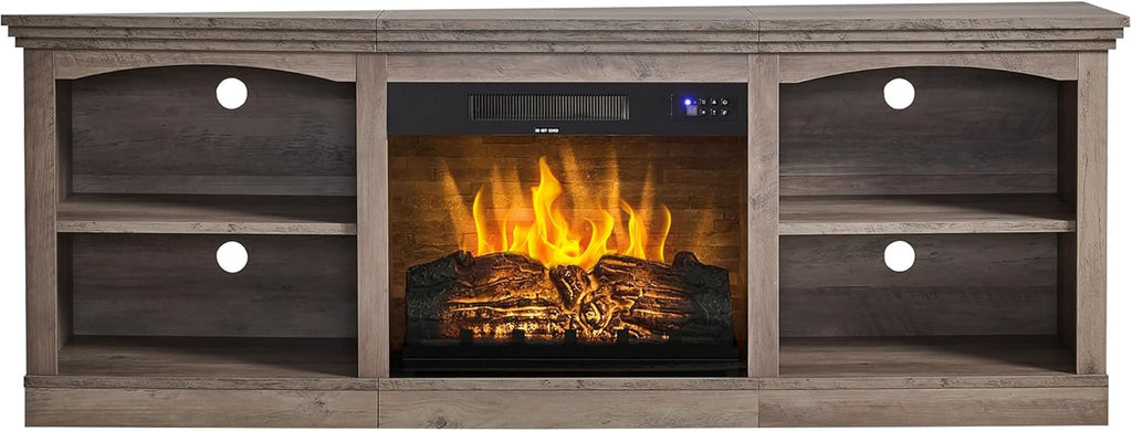AMERLIFE 70" Farmhouse Fireplace TV Stand for TVs up to 80", Entertainment Center with 23" Fireplace, Open Shelves, One-Box Delivery, Media Console Table for Living Room, Rustic Grey