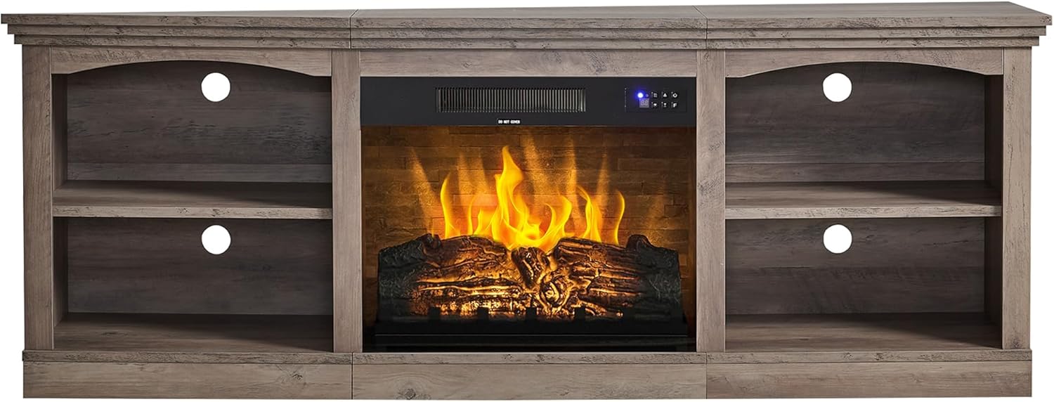AMERLIFE 70" Farmhouse Fireplace TV Stand for TVs up to 80", Entertainment Center with 23" Fireplace, Open Shelves, One-Box Delivery, Media Console Table for Living Room, Rustic Grey