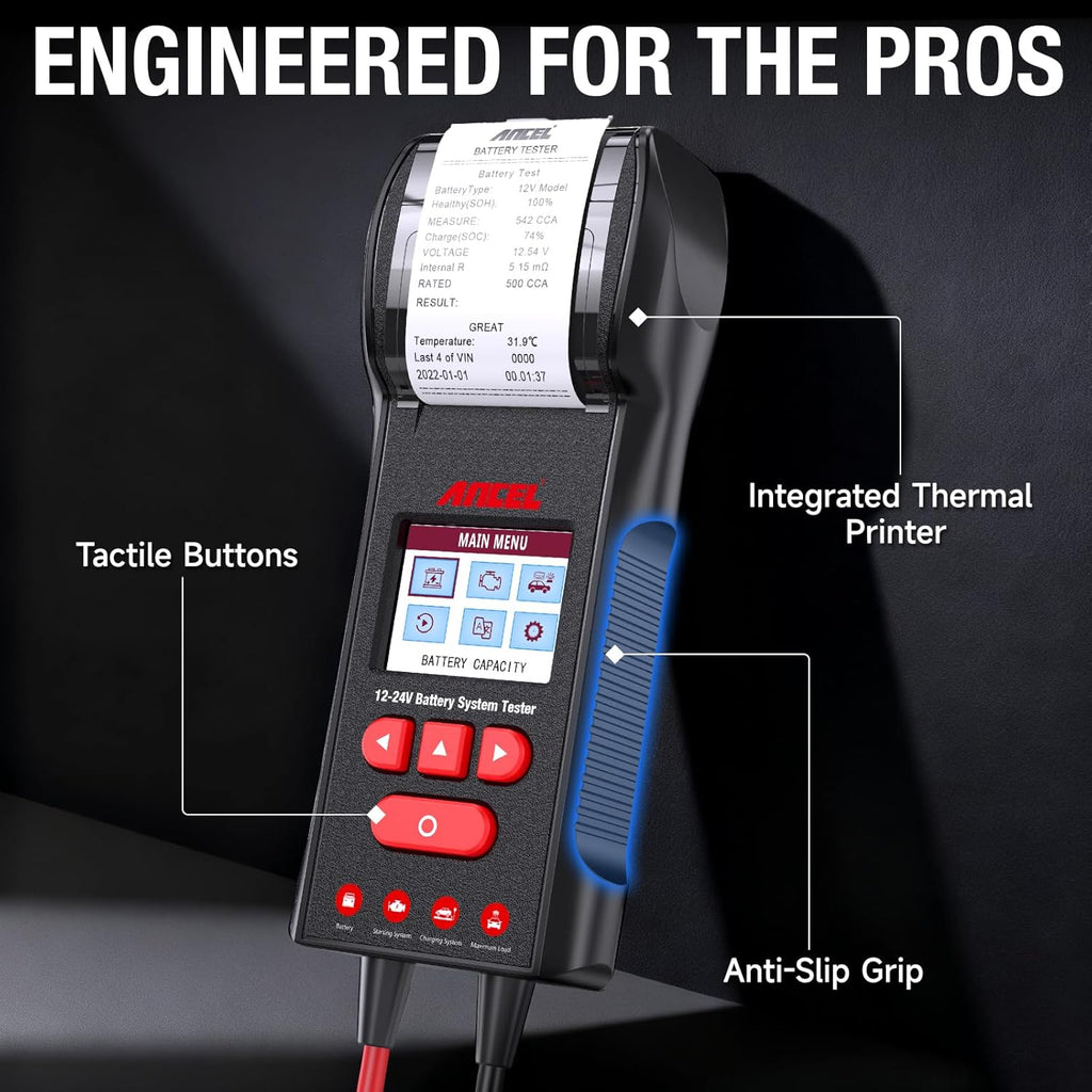 ANCEL BST600 Battery Tester with Printer, 12V 24V 100-2000 CCA Load Tester, Cranking Charging System Test for Cars, Heavy Duty Trucks, Marine, RV, SUV, Motorcycle