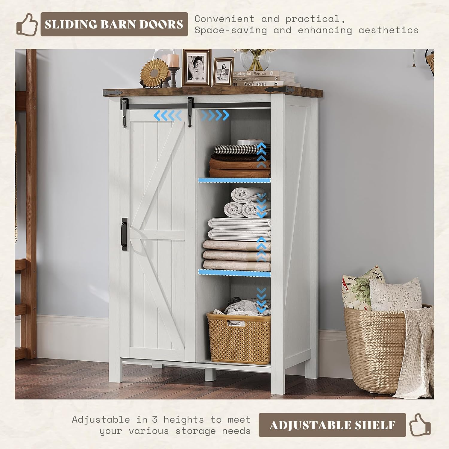 AMERLIFE 5-Piece Farmhouse Bedroom Furniture Set, Dresser & Nightstand Set of 2 with Storage Cabinet & Sideboard, Sliding Barn Door Wood Bedroom Set for Bedroom/Living Room, Distressed White