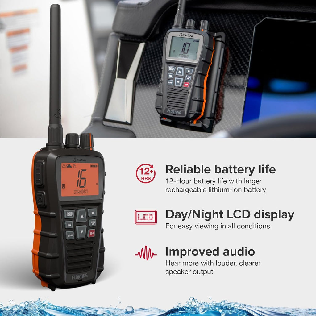Cobra BlueBound 350 VHF Handheld Marine Radio – Black – 6-Watt, Floating, Long Range, NOAA Weather Alerts, International Functionality, IPX7 Waterproof, USB-C, Submersible, LCD Screen, Belt Clip