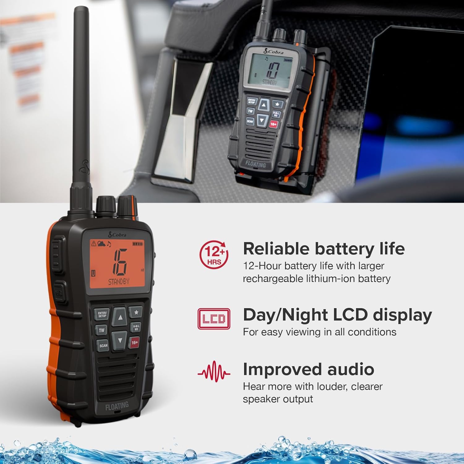 Cobra BlueBound 350 VHF Handheld Marine Radio – Black – 6-Watt, Floating, Long Range, NOAA Weather Alerts, International Functionality, IPX7 Waterproof, USB-C, Submersible, LCD Screen, Belt Clip