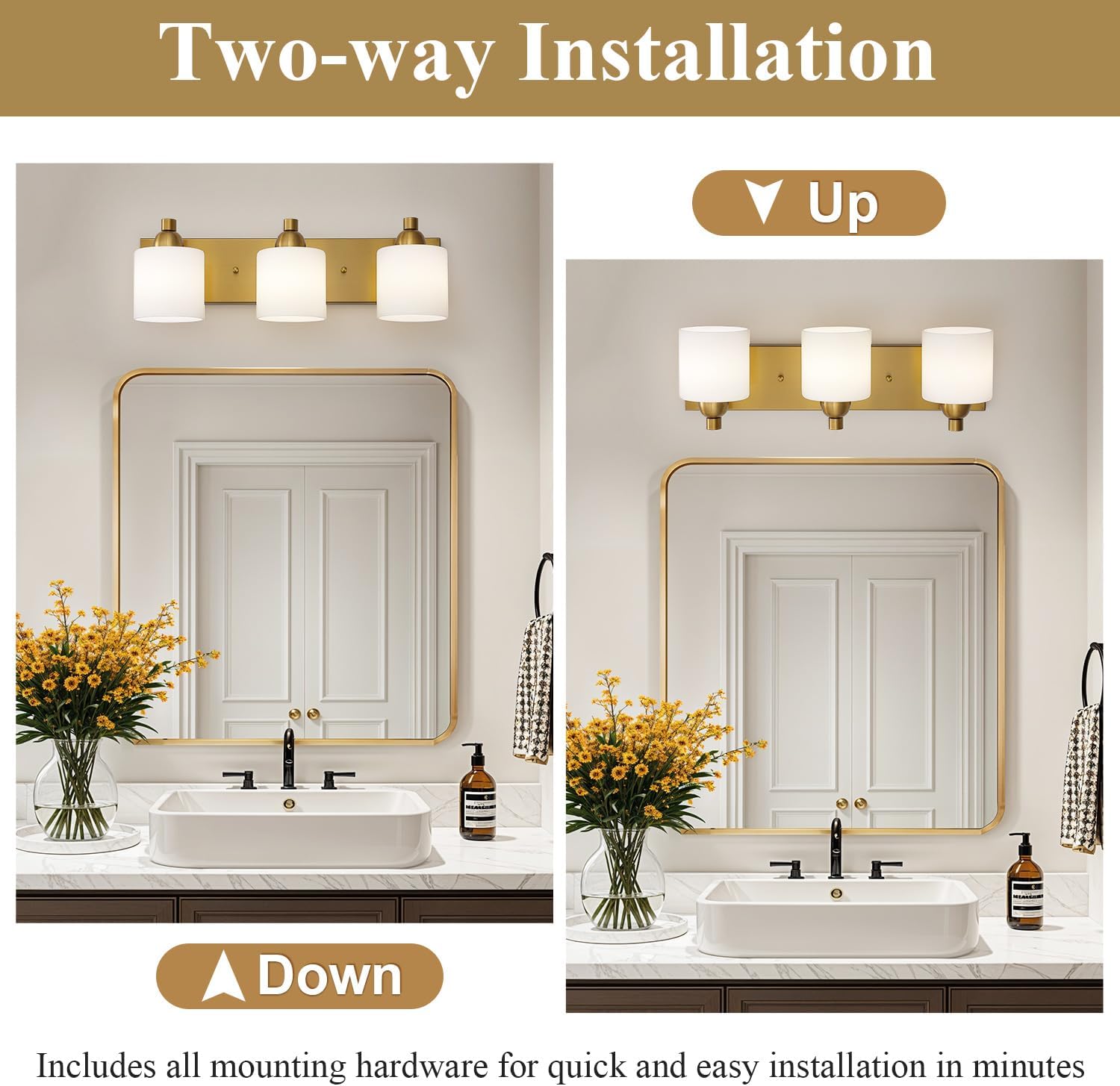 Mecgirn Stainless Steel Milk Glass Vanity Lights for Bathroom, 3 Light Gold Bathroom Light Fixtures Over Mirror, Ceramic E26 Sockets Wall Mounted