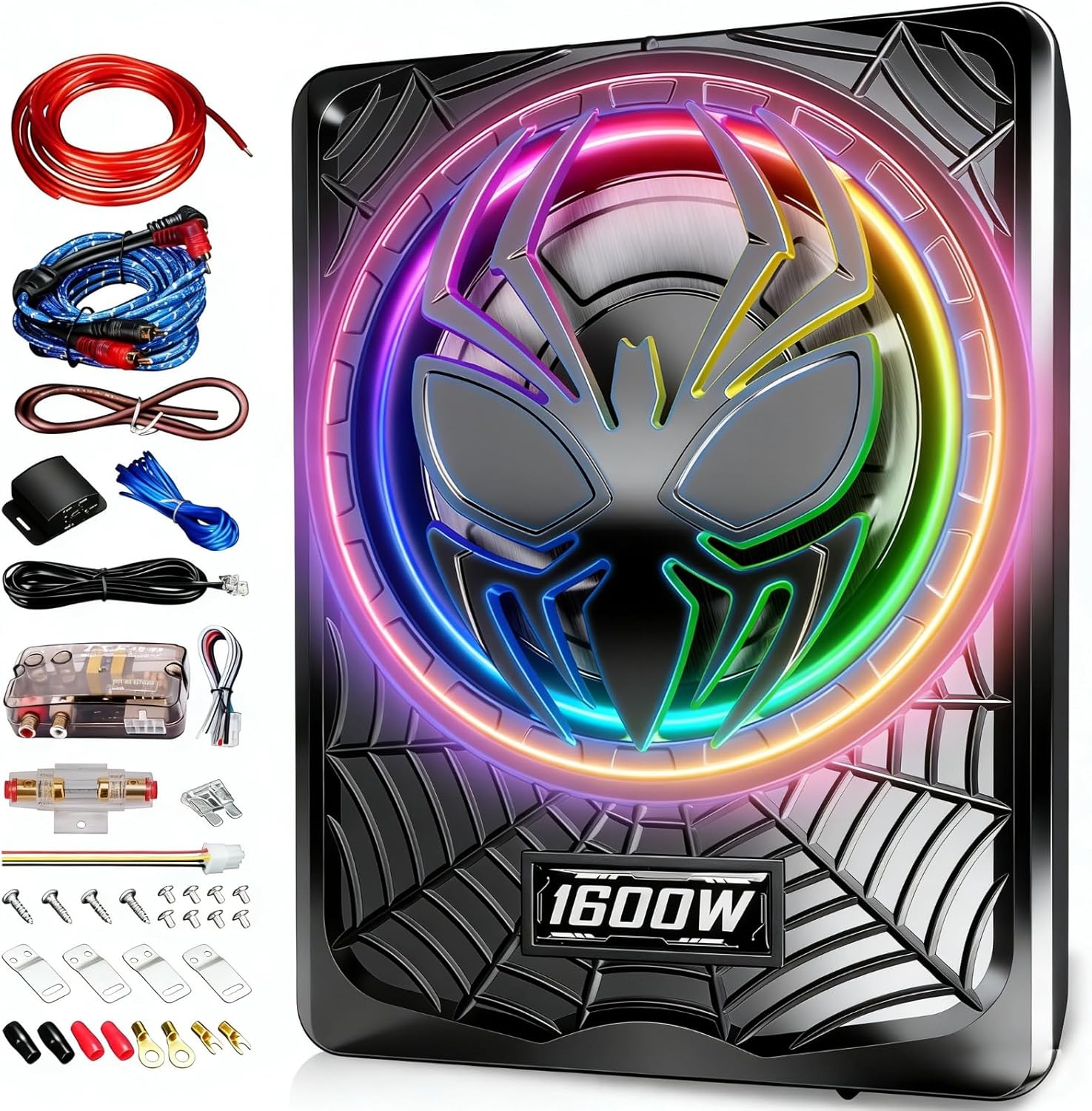 1600W 10" Ultra-Thin Under-Seat Car Subwoofer with Built-in D-Class Amplifier, LED Ambient Lights, Independent Bass Knob, LPF/Gain/Bass Boost, Distortion-Free Deep Bass for Most Vehicles
