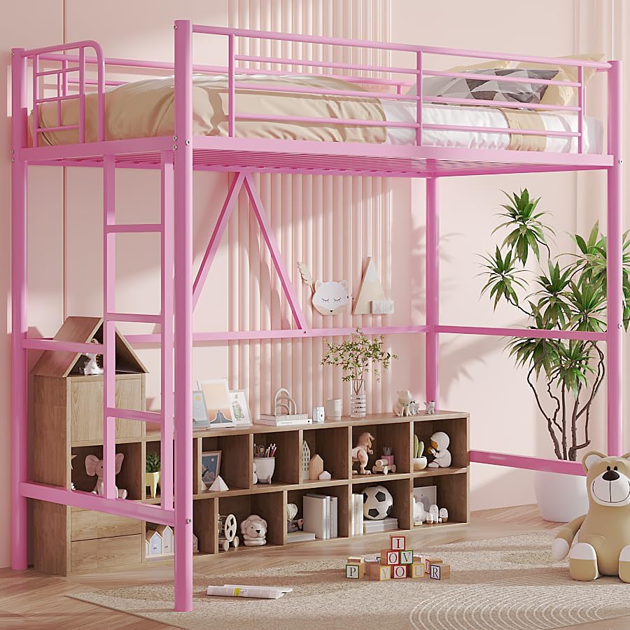 VECELO Loft Bed Twin Size, Metal Bedframe with Removable Ladder and Safety Guardrail, No Box Spring Needed, Space Saving, Noise Free, Light Pink