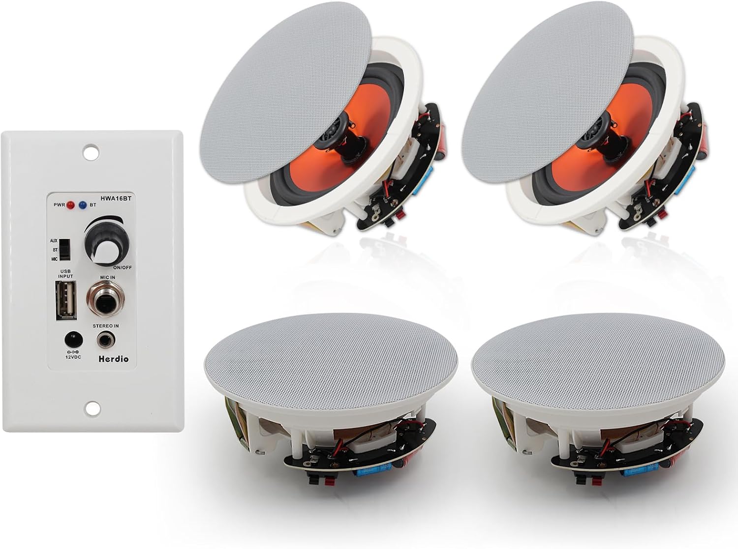 Herdio 6.5'' Bluetooth in Wall in Ceiling Speakers 600W 2-Way Flush Mount Speakers System with Wall Amplifier Receiver for Home Theater Office (2Pairs, Paintable-Grille)