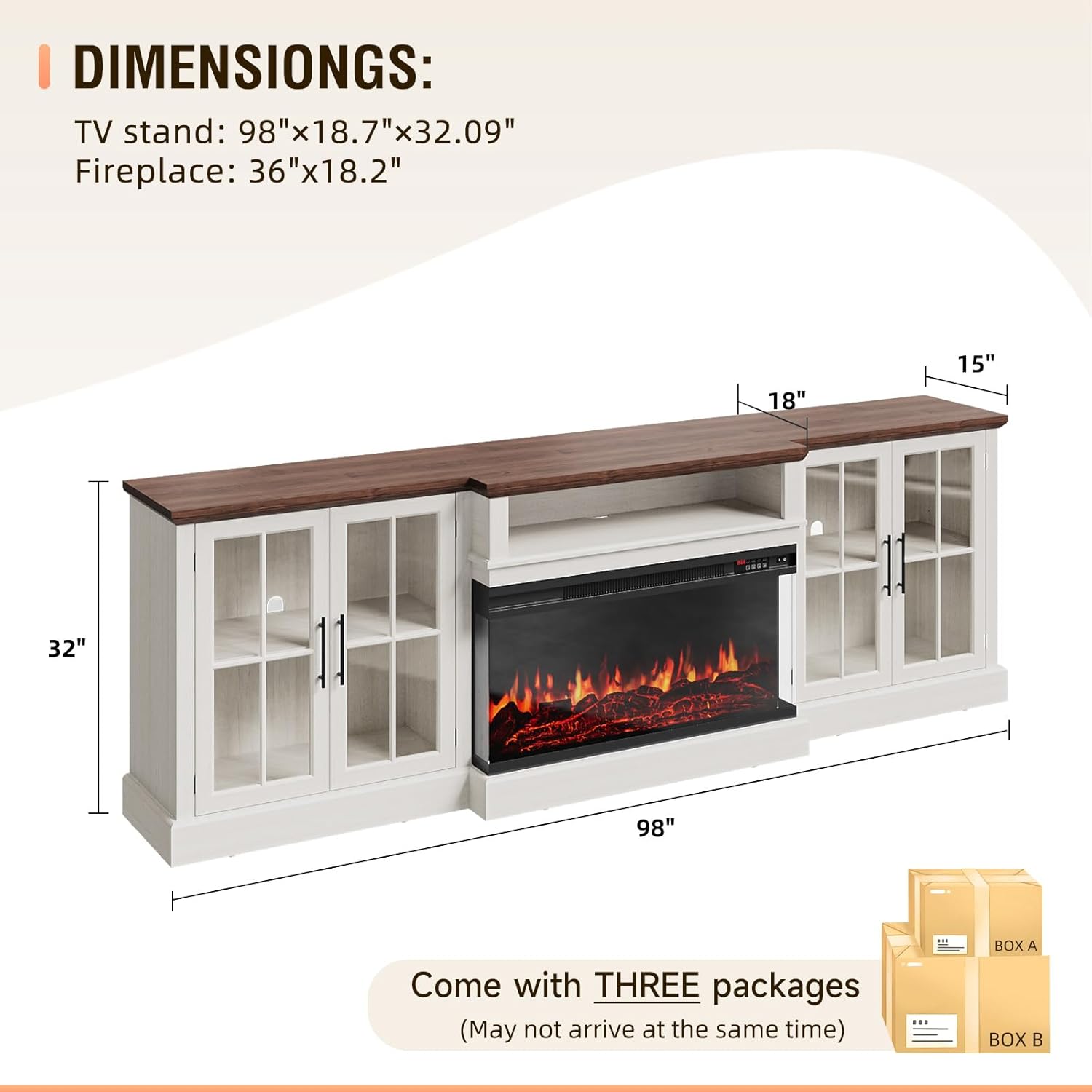 98" Farmhouse TV Stand with 36" Fireplace for TVs up to 100", Media Entertainment Center with Adjustable Shelves and Large Storage Cabinets, for Living Room, White & Black