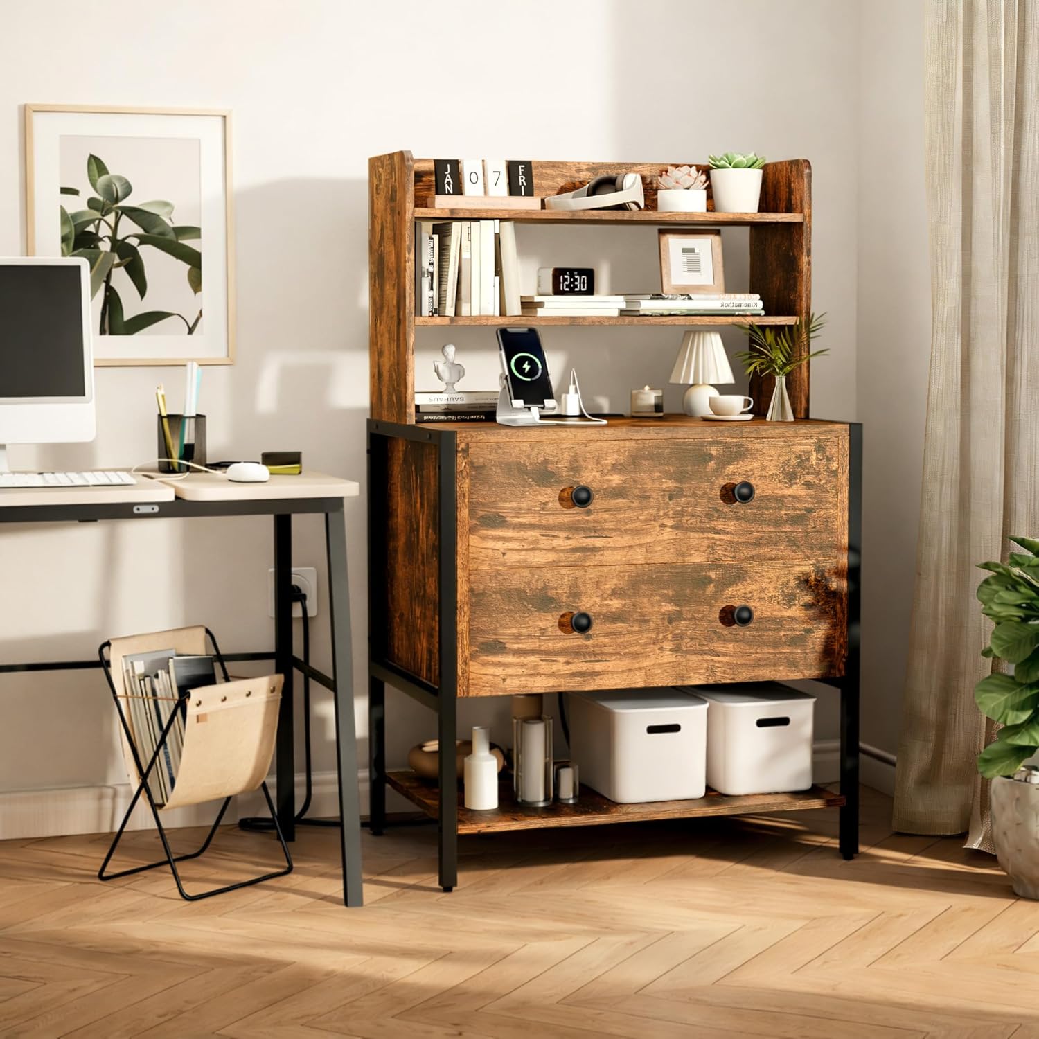 24 Inch Wide Night Stand, Large Wooden Night Stand with 2 Adjustable Drawes, Tall Nightstand with 4-Tier Shelves and Charging Station, Bedside Table for Living Room/Bedroom/Office, Retro.
