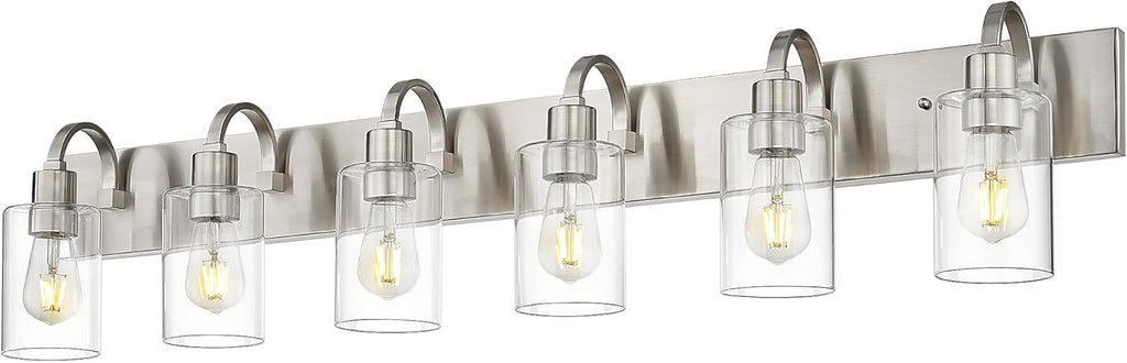 Emliviar Large Bathroom Wall Light, 6-Light Industrial Bathroom Lighting Fixtures Over Mirror, Brushed Nickel Finish with Clear Glass, YCE237B-6W BN