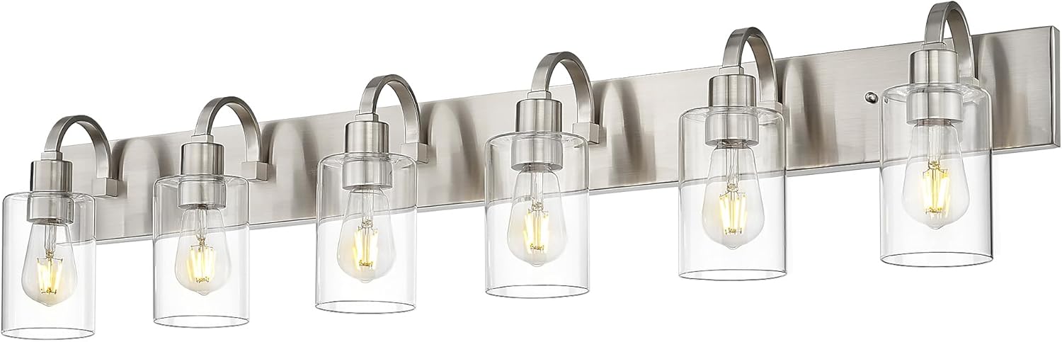 Emliviar Large Bathroom Wall Light, 6-Light Industrial Bathroom Lighting Fixtures Over Mirror, Brushed Nickel Finish with Clear Glass, YCE237B-6W BN