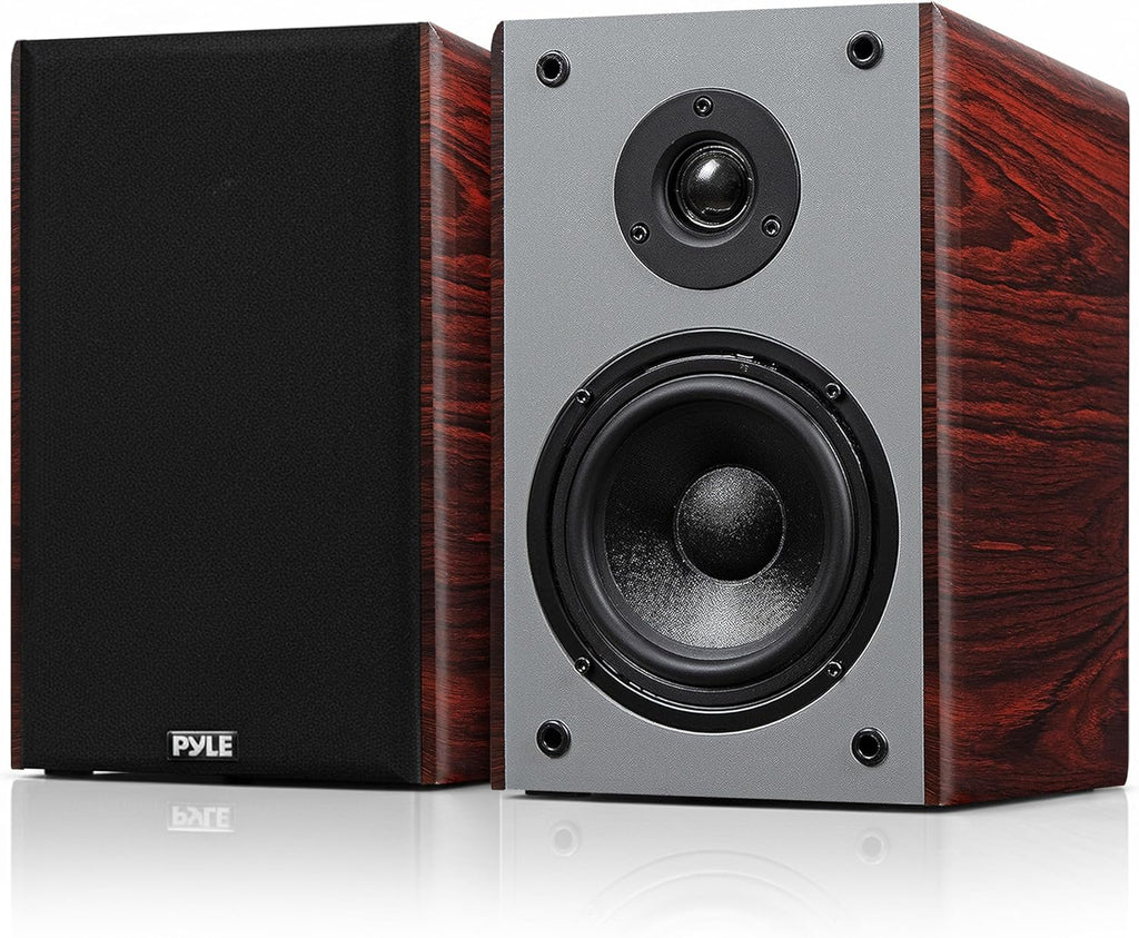 Pyle 5.25'' Wired Bookshelf Speakers, 2-Way HiFi Home Theater Bookshelf Speakers with Silk Dome Tweeter, Woven Woofer, Wall Mount Bracket, Magnetic Grill – Cherry Bookshelf Speakers Wall Mount
