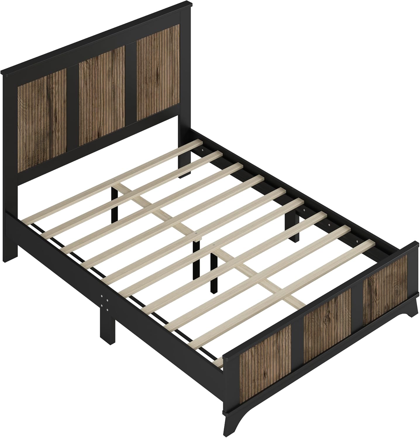 4 Piece Bedroom Furniture Set,Farmhouse Queen Size Platform Bed with Wooden Strip Decoration,2 Storage Nightstand and Dresser with Metal Handles,Wood Bedroom Furniture Set for Home,Bedroom,Black