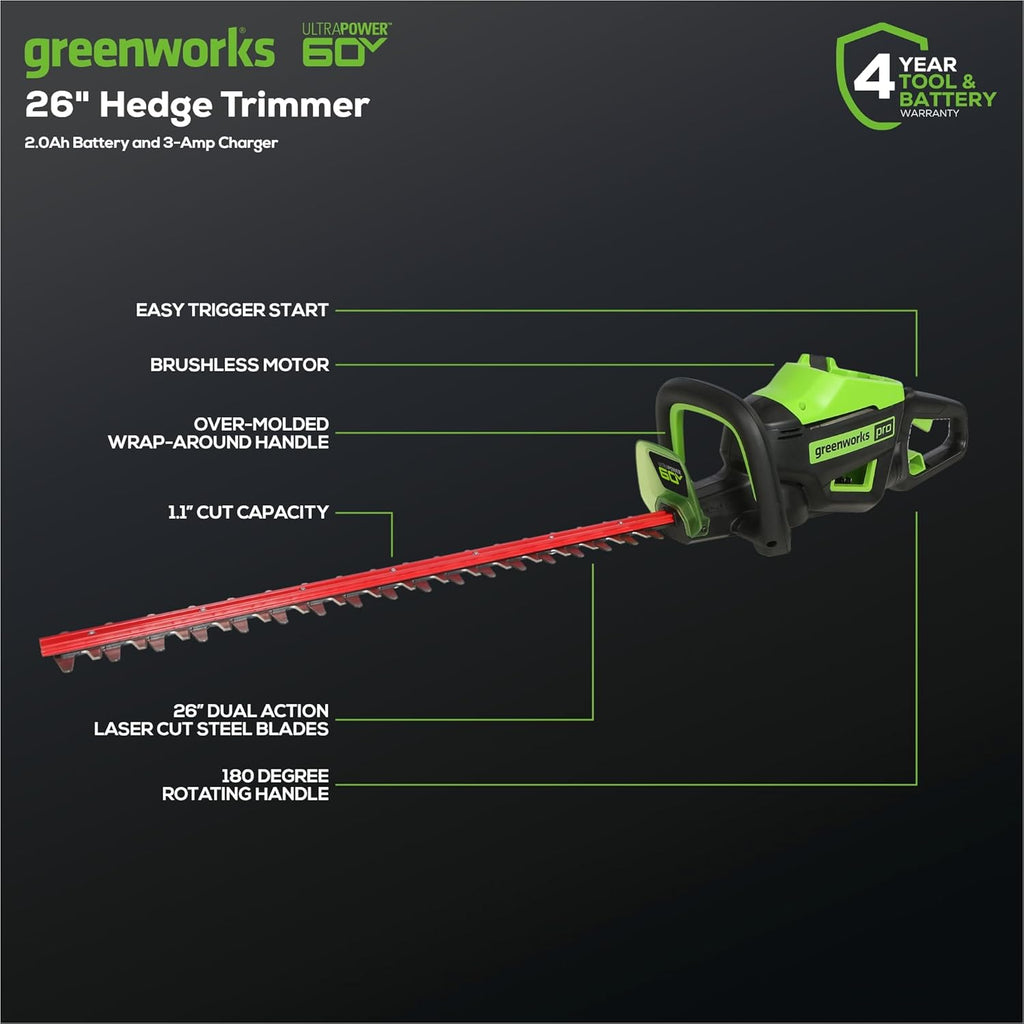 Greenworks 60V 26" Brushless Cordless Battery-Powered Hedge Trimmer, 2.0Ah Battery and Charger Included